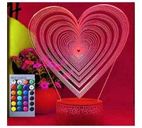 (As show, One size) XYC 3D Love Heart Night Light Lamp Illusion 16 Color Changing Table Desk Decoration Lamps Gift with Acrylic Flat ABS Base USB Cable Toy