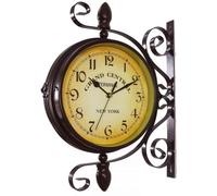 (As show, One size) XYC Wrought Iron Antique-Look Brown Round Wall Hanging Double Sided Two Faces Retro Station Clock Round Chandelier Wall Hanging Clock with 8-inch