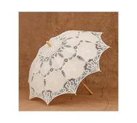 (As show, WHITE) Large Vintage White Lace Embroidered Umbrella with Wooden Handle C Elegant Floral Pattern, Manual Open & Close