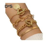 (as the picture, 1) 4 Pcs/Set Women Bracelet Hip Hop Style Snake Bone Chain Hollow Chain Round Pendant Adjustable Golden Color Polished 4 Pieces Set Wrist Jewelry Set