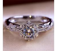 (as the picture, 11) Round Cut White Stone Vintage Floral Ring Bride Engagement Wedding Band Ring Size 5-10