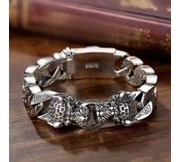 (as the picture, 22CM) Handmade Braided Double Leopard Head Silver Plated Beaded Bracelets For Men Women Vintage Hip Hop Chain Bracelet