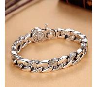 (as the picture, 22cm) S925 Silver Handmade Six -character Mantra Wide Version Overbearing Personality Atmospheric Bracelet Men Luxurious Retro Jewelry
