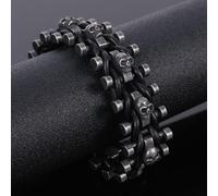 (as the picture, 23.4CM) 25mm Wide Skull Head Bracelet Men Handmade Leather Stainless Steel Men's Gothic Bracelets With Belt Buckle Mannen Armband Heren