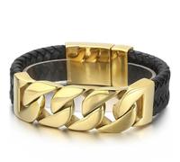 (as the picture, 23cm) Braided Leather Bracelet For Men Accessories Luxury Gold Plated Stainless Steel 24mm Curb Link Chain Man Bracelet Best Friends