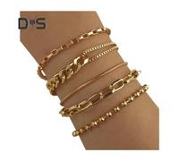 (as the picture, 3) 4 Pcs/Set Women Bracelet Hip Hop Style Snake Bone Chain Hollow Chain Round Pendant Adjustable Golden Color Polished 4 Pieces Set Wrist Jewelry Set