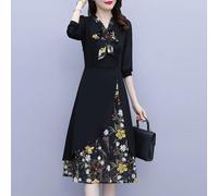 (as the picture, 4XL) Middle-aged Temperament Mother Fake Two-piece A-line Skirt Autumn Dress Socialite Sense Large Size Women's Chiffon Floral Dress