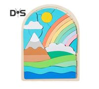 (as the picture, A) 1Pc/3Pcs Wooden Shape Puzzles Set Flower Clouds Sunrise Theme Color Matching Cognition Blocks Motor Skill Building Educational Toy for Kids 3+ Years