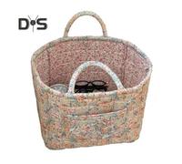 (as the picture, A) Boho Fabric Laundry Basket Floral Print Quilted Storage Basket Portable Folding Basket Bag with Handles for Home Clothes And Sundries