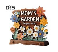 (as the picture, A) Mom's Garden Ornament Love Grows Here Sign with Wooden Base Table Centerpiece Decoration Mother's Day Birthday Appreciation Gifts