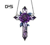 (as the picture, A) Purple Rose Suncatcher Decoration Weather-proof Indoor Outdoor Garden Wall Window Hanging Stained Glass Ornament 2D Flat Acrylic Pendant