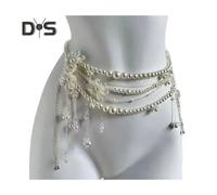 (as the picture, A) Women Waist Chain with Tassel Butterfly Flower Charm Faux Pearl Belt Chain Multi-layered Beaded Belly Jewelry Dance Performance Club Party Body