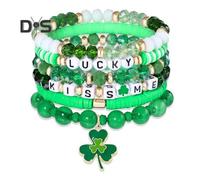 (as the picture, C) 5/6/7/8 Pcs Shamrock Bracelet Set St. Patricks Day Irish Beaded Jewelry with Glass Beads And Charms Lucky Charm Bracelet for Festive Celebrations
