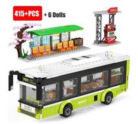 (as the picture) City Traffic Car Green Blue Passenger Bus Station Single-Deck Public Set Figures Model Building Blocks DIY Toys for Boys Gifts