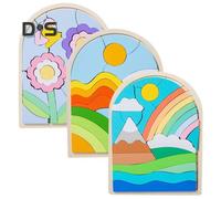 (as the picture, D) 1Pc/3Pcs Wooden Shape Puzzles Set Flower Clouds Sunrise Theme Color Matching Cognition Blocks Motor Skill Building Educational Toy for Kids 3+ Years