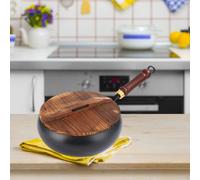 (as the picture, Glossy) Cooking Pot Iron Wok With Wooden Lid For Home And Camping