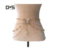 (as the picture, H) Women Waist Chain with Tassel Butterfly Flower Charm Faux Pearl Belt Chain Multi-layered Beaded Belly Jewelry Dance Performance Club Party Body