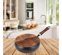 (as the picture, Hand Hammered) Cooking Pot Iron Wok With Wooden Lid For Home And Camping