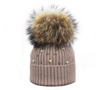 (as the picture, J) Hat Soft Wool Beanies Women Real Natural Fur Pom Poms Fashion Pearl Knitted Hat Girls Female Beanie Cap Pompom Winter Hats for Women