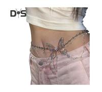 (as the picture, J) Women Waist Chain with Tassel Butterfly Flower Charm Faux Pearl Belt Chain Multi-layered Beaded Belly Jewelry Dance Performance Club Party Body