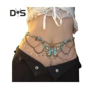 (as the picture, K) Women Waist Chain with Tassel Butterfly Flower Charm Faux Pearl Belt Chain Multi-layered Beaded Belly Jewelry Dance Performance Club Party Body
