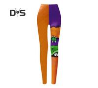 (as the picture, L B) Halloween Leggings Mid-rise Elastic Waistband Skinny Fit Patchwork Color Bottoming Pants Girls Cosplay Outfit Tights