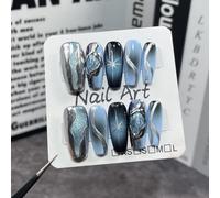 (as the picture, Large) Handmade Black & Blue Gradient Cat's Eye 3D Nail Art Stickers - Medium to Long Wearable Nail Patches