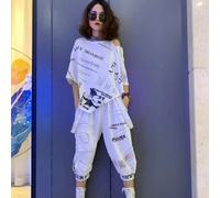 (as the picture, M) Women's Summer Irregular Looses Printed Letters Suit Short-sleeved + Seven Pant Two-piece Set