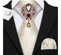 (as the picture, N-1167) Barry.wang Wedding Mens Ties With Brooch Hanky Cufflink Groomsmen Ivory White Silk Necktie Set