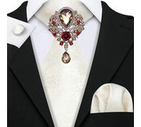 (as the picture, N-1174) Barry.wang Wedding Mens Ties With Brooch Hanky Cufflink Groomsmen Ivory White Silk Necktie Set