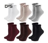 (as the picture, One Size B) 6 Pairs Women Socks Ruffle Edge Solid Color Anti-slip High Elasticity Ankle Length Low-cut Daily Sport Socks Great Gift for Mom Wife Daughter