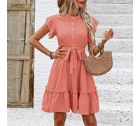 (as the picture, S) Spring Summer Women O-neck Dot Print Lace Up Dresses High Waist A-line Lotus Leaf Short Sleeve Middle Long Dress S-xl