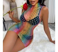 (as the picture, XL (INT.L-2XL)) Straight hair temptation free sex clothing hot rainbow colorful turtleneck sleeveless fishnet onesie