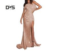 (as the picture, XL) Women Evening Dress Shimmering Sequin Sleeveless Bandeau Off Shoulder Slim Fit Floor Length Feather Decor High Slit Cocktail Party Wedding Banquet