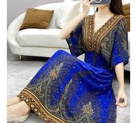 (as the picture, XXL) Cotton Silk Dress Mid Length Beach Dress Large Floral Bohemian Loose Casual Long Dress V-Neck