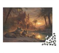 As The Sun Sets, A Pack of Wolves Lies Beside A Desert Oasis 52x38cm/1000pcs Erwachsenenpuzzle - Erwachsenenpuzzle DIY-Puzzlespielzeug