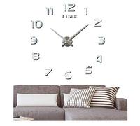 AS1 Modern DIY Large Wall Clock Big Watch Decal 3D Stickers Mirror Effect Acrylic Wall Clock Home Office Removable Decoration for Living Room - Silver (Battery NOT Included)