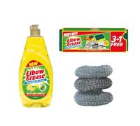 ASA® Washing Bundle Power Degreaser Washing Up Liquid 600ml Lemon Fresh, Heavy Duty Hand Grip Scourer Sponge Pack of 4, Premium Steel Scourer Pack of 3