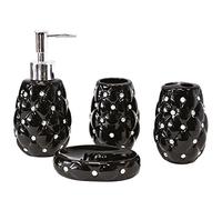 ASAB 4Pc Ceramic Diamond Bathroom Accessory Modern Stylish Porcelain Bath Toilet Set - Includes Soap Dish, Lotion/Soap Dispenser, Toothbrush Holder - Black