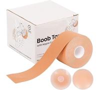 ASAB 7M Boob Tape for Large Breasts with 2 Silicone Nipple Covers Adhesive Tit Tape Reusable Breast Tape for Dresses Booby Body Tape Fits All Breast Sizes Invisible Breast Lift Tape Go Strapless Beige
