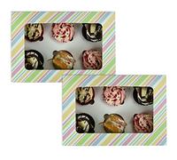 ASAB Cardboard Cupcake Carrier Boxes Pack - Patisserie Display Box - Paper Muffin Holder With Window - Flat Packed - Easy Assembly (2 Multicoloured Stripe)