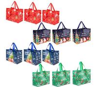 ASAB Christmas Bags For Gifts with Carrying Strap Handles Santa Colourful Designs Non Woven Fabric Reusable Gift Tote Bags for Christmas Holiday Presents Shopping Party (12 Pack - 4 Assorted Designs)