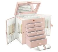 ASADAYS Jewelry Display Box 6 Layers Large Capacity With Mirror Lockable Jewelry Organizer Elegant Colors PU Leather Texture Waterproof Dirt Resistant Suitable For Rings Necklaces Watches