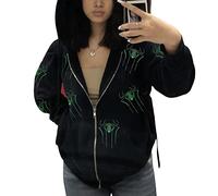 Asadovce Women Men Zip Up Y2k Oversized Hoodie Spider Graphic Full Zipper Sweatshirt Teen Girls Grunge Streetwear Jacket, Spider Rhinestone Black Green, S
