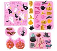 Asaisimg 6 Pcs Halloween Chocolate Candy Silicone Fondant Cake Mold - Pumpkin Skull Bat Skeleton Hand Ghost Witch Candy Gummy Mold for Halloween Party