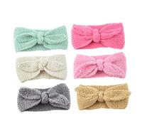 ASAKKURA 6 Pcs Crochet Turban Headbands for Women Warm Knitted Head Wraps Bowknot Soft Bulky Crochet Headbands in Grey Pink Mint Beige and Camel