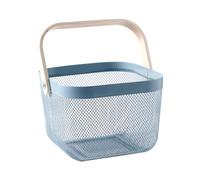 ASAKKURA Blue Metal Net Vegetable Storage Basket with Wood Handle, Household Wire Mesh Hand Basket for Fruit and Snack Organization, Kitchen Storage Bin for Home Use
