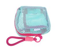ASAKKURA Mesh Travel Makeup Pouch with Rose Pink Lanyard, Blue-Green Tofu Grid Mesh Organizer Bag for Cosmetic Storage, Small Multipurpose Toiletry and Data Cable Case