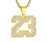 AsAlways 18K Gold Plated Cubic Zirconia Number 23 Basketball Pendant Necklace Men Women Stainless Steel Box Link Chain 22+2 Inch (Golden 23)