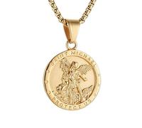 AsAlways Archangel Michael Necklace for Men Stainless Steel Gold St Michael Pendant Sacred Angel Necklaces Protection Jewelry Gift